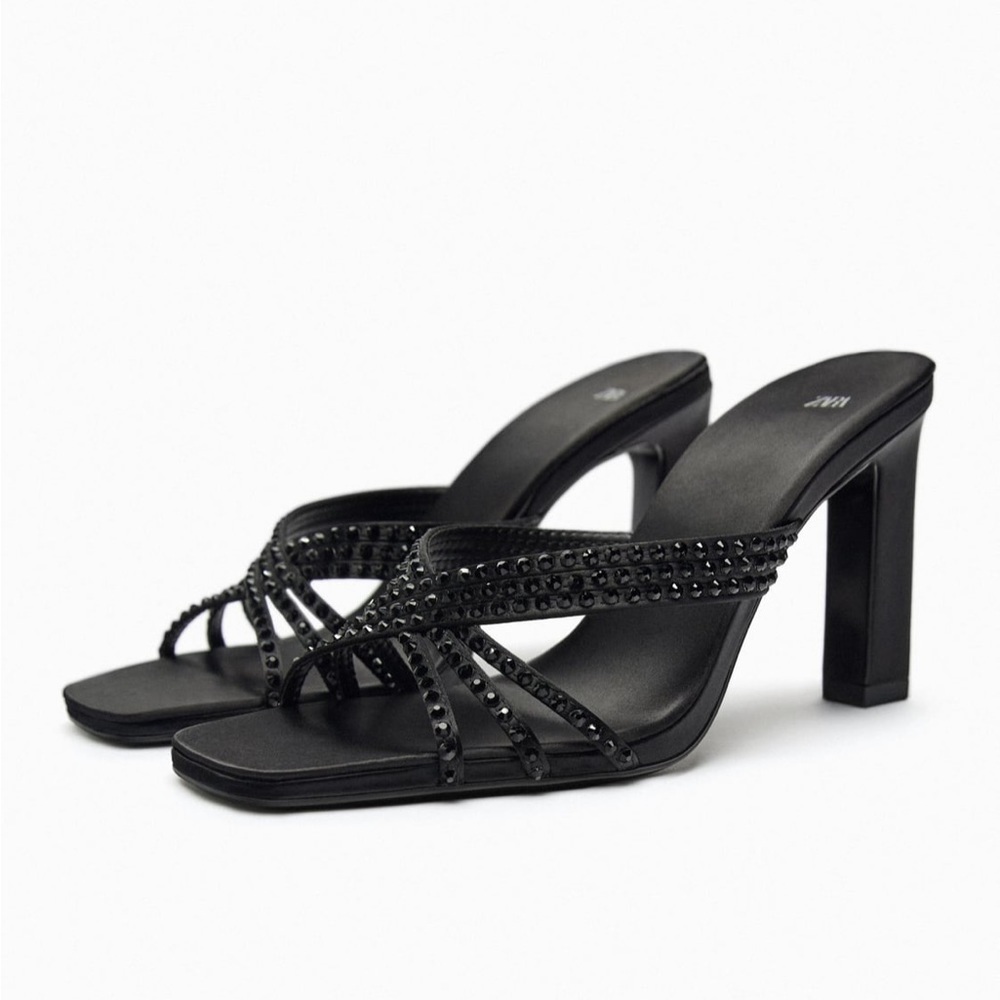 Zara NWT satin effect rhinestone heeled sandals - Picture 2 of 7